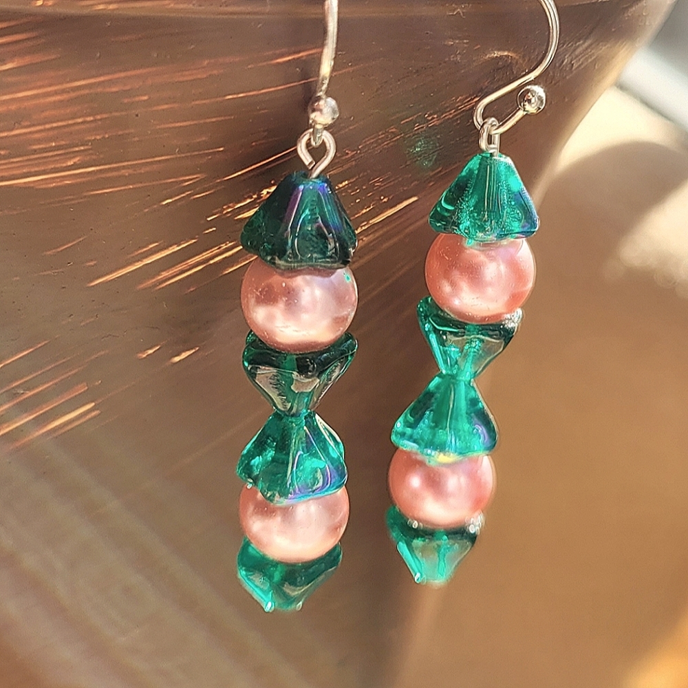 Emerald AB glass and pink pearly glass dangle earrings